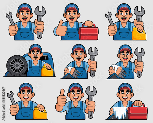 Professional friendly mechanic vector character set illustrating automotive maintenance and service tasks, including oil changes, tire replacement, carrying a spanner, and giving a successful thumbs u