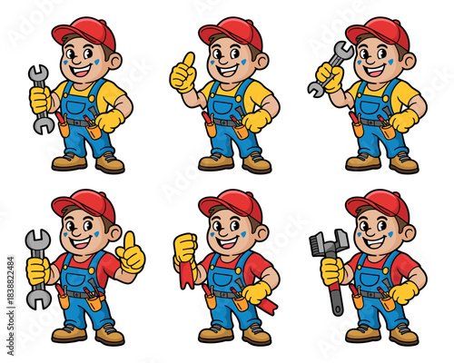 Cheerful cartoon repairman and tradesman mascot character confidently smiling in blue overalls and red cap, holding a variety of maintenance tools like a wrench and adjustable spanner; perfect vector