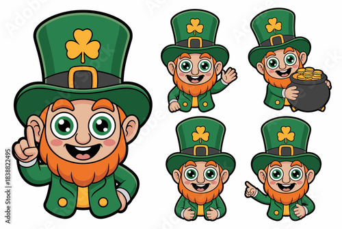 Cute cartoon leprechaun character vector illustration set displaying multiple expressive poses, wearing a green hat with a shamrock clover and holding a pot of gold, perfect for St. Patrick's Day grap