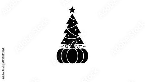 Black silhouette of a Christmas tree on a pumpkin against a white background.