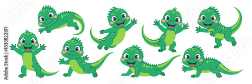 Cute adorable happy baby green lizard and gecko cartoon characters set, showcasing nine friendly reptiles in different playful actions like running, jumping, and smiling widely, ideal vector graphic f