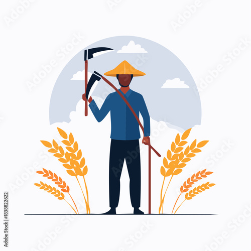 Illustration of a Farmer with Scythe and Wheat.