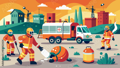 A group of firefighters are working to put out a fire. The scene is set in a city with a truck and a building in the background