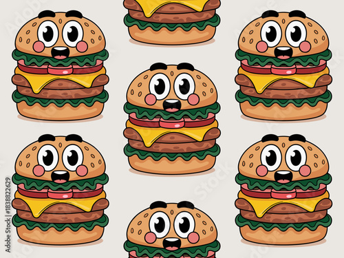 Cute kawaii hamburger seamless pattern illustration featuring cheerful fast food character mascots with sesame seed buns, double patties, melted cheese, and fresh vegetables, perfect vector background
