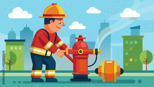 A man in a fireman's uniform is putting out a fire. The scene is set in a city with buildings in the background