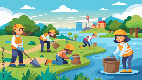 A group of people are working together to clean up a river. The scene is set in a park with a city in the background. The workers are wearing safety gear and are using shovels