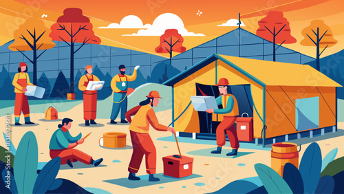 A group of people are working on a construction site. The workers are wearing hard hats and are using tools to build a structure. The scene is set in a forest, with trees in the background