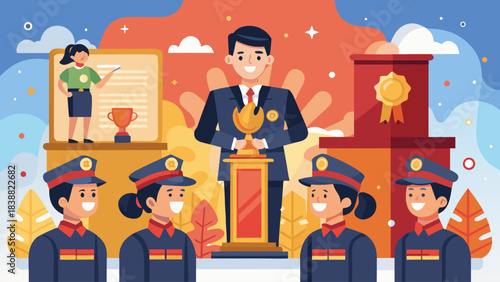 A man is standing in front of a podium with a trophy. There are several other people in the background, some of whom are smiling. Concept of achievement and celebration