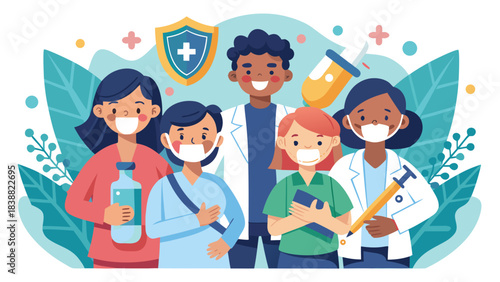 A group of people wearing masks and holding bottles and syringes. Scene is serious and focused on healthcare