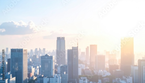 Blurry sunlit city skyline aerial view