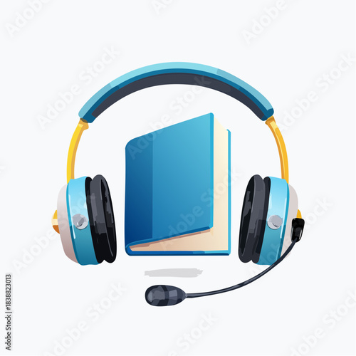 Illustration of Headphones Book and Microphone.
