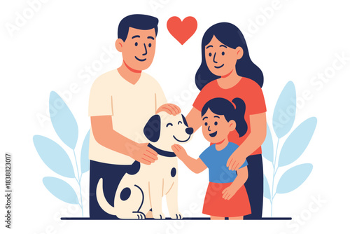 Happy family spending time together while petting their dog and showing love, care and bonding in a warm home environment, flat vector illustration