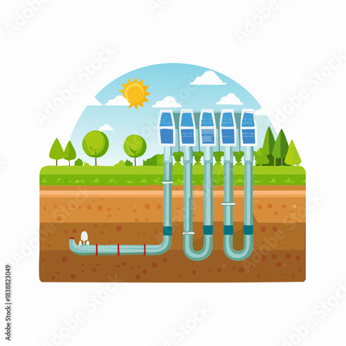 Illustration of Geothermal Energy System with Pipes and Sun.