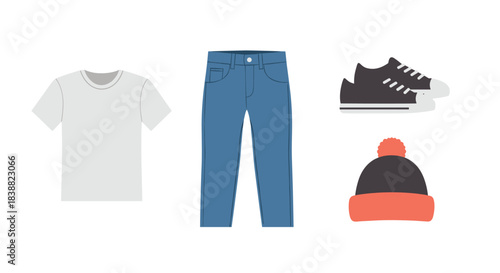 Simple collection of casual men's or women's clothing items including a t-shirt, blue jeans, sneakers, and a winter beanie.