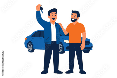Happy man holding car key with supportive friend standing beside vehicle representing new car ownership and success, flat vector illustration