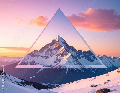 Snowy mountain peak framed by a translucent triangle at sunset
