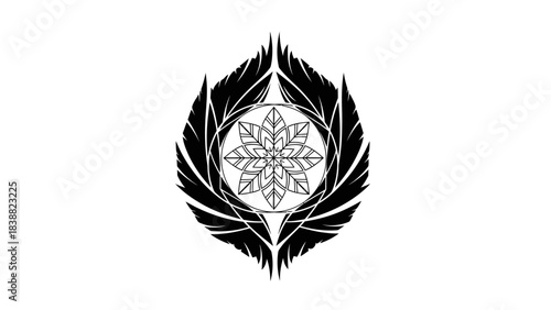 Black and white logo with floral design and feather-like elements on a white background.