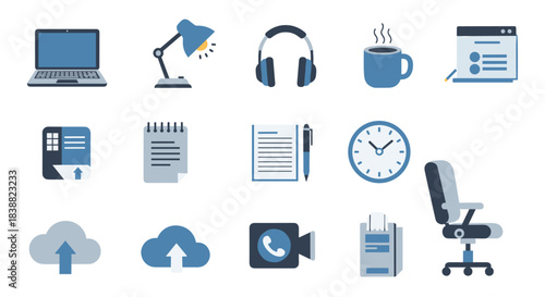 Collection of modern flat design office and remote work icons in blue tones, including a laptop, desk lamp, and headphones.