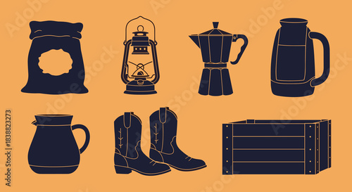 Collection of rustic and western-themed silhouettes including cowboy boots, a coffee pot, a lantern, and a wooden crate.