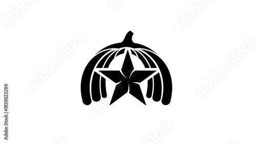 Black silhouette of a stylized emblem with a star and curved lines on a white background.