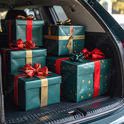 A car trunk full of wrapped Christmas gifts