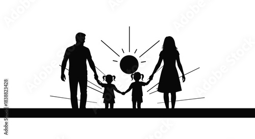 Hopeful silhouette of a family with two parents and two young daughters holding hands, facing a stylized rising or setting sun.