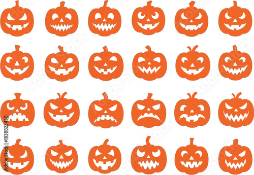 Collection of twenty four halloween pumpkins with unique carved faces perfect for spooky decorations and festive designs on a white background