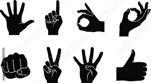 Diverse hand gestures silhouette collection expressive communication and nonverbal cues for design illustration and visual storytelling projects isolated on white background