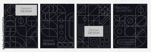 Modern abstract geometric vector posters with line patterns. Minimalist posters with linear outlines of circle, arc, rectangle, square, diamond, and intersecting lines on black vertical backgrounds