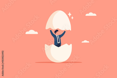 beginners businessman, beginner in starting a new business, newbie businessman comes out of a hatched egg concept vector illustration