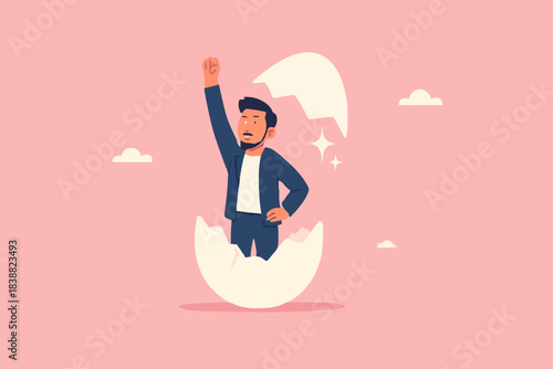 beginners businessman, beginner in starting a new business, newbie businessman comes out of a hatched egg concept vector illustration