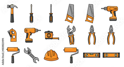Large collection of construction and do-it-yourself hand and power tools with black outlines and orange color accents.
