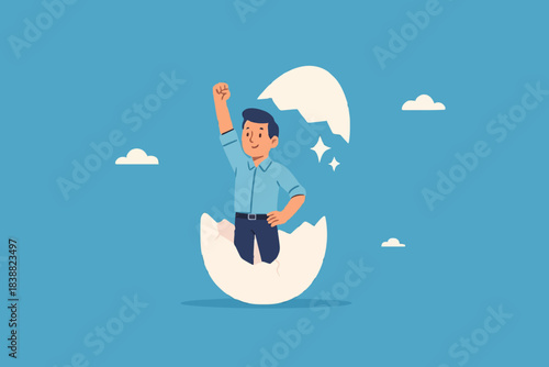 beginners businessman, beginner in starting a new business, newbie businessman comes out of a hatched egg concept vector illustration