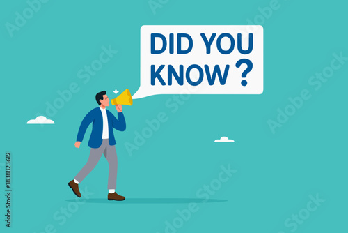 did you know, fun fact, expert information, explanation or solution, idea or advice message, useful knowledge or wisdom, useful tip, man talk on lightbulb megaphone on did you know speech bubble