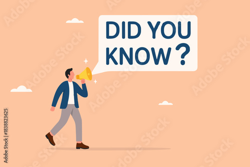 did you know, fun fact, expert information, explanation or solution, idea or advice message, useful knowledge or wisdom, useful tip, man talk on lightbulb megaphone on did you know speech bubble