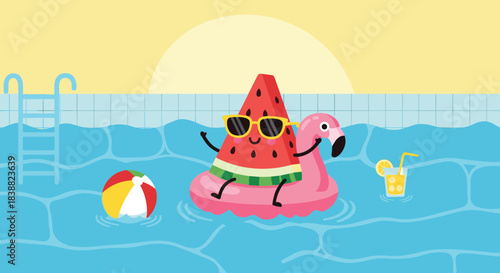Fun summer illustration of a cool cartoon watermelon slice character with sunglasses relaxing on a flamingo float in a swimming pool.