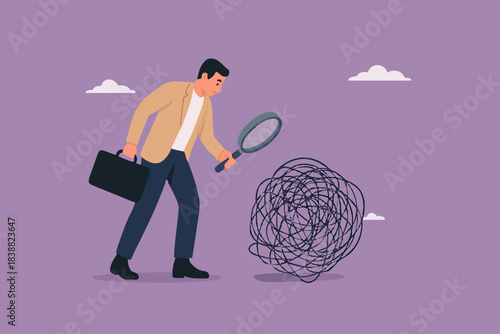 Analyze problems to find solutions or opportunities, look for the root cause of the problem, looking for the common thread of business problems, businessman examines messy lines with magnifying glass