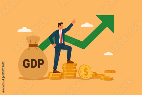 GDP Gross domestic product, value of goods and service produced by a country in a certain time, balance of import and export, businessman stand with money bag with GDP word and growing graph and chart