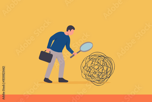 Analyze problems to find solutions or opportunities, look for the root cause of the problem, looking for the common thread of business problems, businessman examines messy lines with magnifying glass