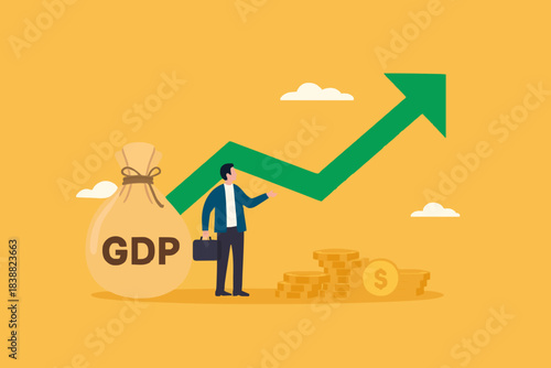 GDP Gross domestic product, value of goods and service produced by a country in a certain time, balance of import and export, businessman stand with money bag with GDP word and growing graph and chart