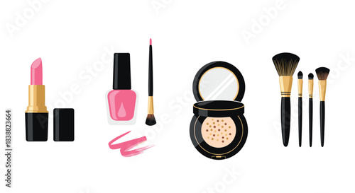 Elegant collection of essential makeup and cosmetic products, including pink lipstick, nail polish, foundation, and brushes.