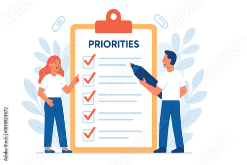Man and woman reviewing checklist on large clipboard to organize tasks and set important priorities for effective planning, flat vector illustration