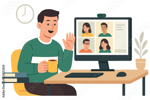 Man greeting colleagues during online video meeting while holding coffee at desk, flat vector illustration