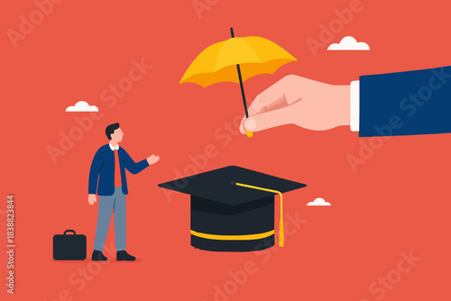 child education insurance, guarantee for reduced education costs in future, education insurance for success, big businessman hand protect the graduation cap and its owner from financial difficulties