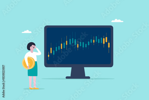 stock market analysis on investment, stock market rising up, analyzing graphs, financial growth statistic, businesswoman investor analyzing a graph of his stock while carrying gold coins