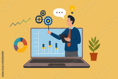 online webinar presentation, online seminars or meetings discussing business strategy, business discussion conference, data analysis or finance expertise, businessman on laptop screen explaining data