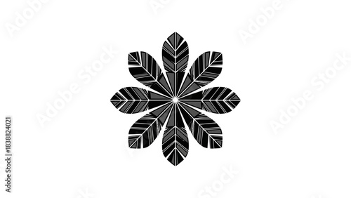 A black and white floral pattern made of leaves on a white background.