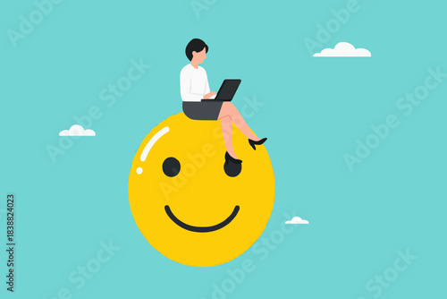 work passion, work according to passion, enjoy work, businesswoman working on a laptop comfortably while sitting on a smiling emoticon, work according to your interests and have a pleasant environment