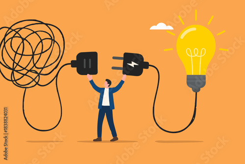 Problem Solving with creative idea solution, thought process to find a way out of a problem, problem and solution concept, businessman connect plug with light bulb idea to messy line of cable