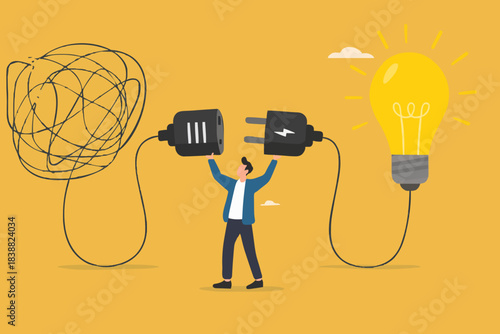 Problem Solving with creative idea solution, thought process to find a way out of a problem, problem and solution concept, businessman connect plug with light bulb idea to messy line of cable